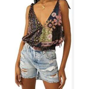 Free People XS Boho Printed Tie-Strap Crop Top Multicolor NWT